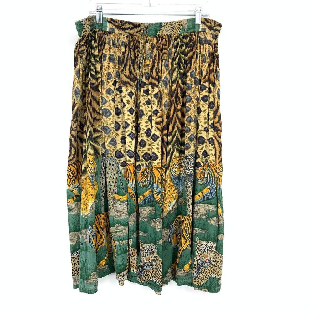 Vintage 90s Tiered Boho Midi Skirt Womens Size PM Animal Big Cat Print Tan Green